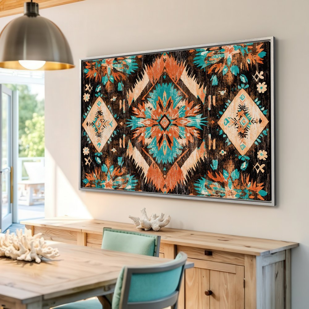 Framed Wall Art: Southwestern-style canvas print in teal, orange & black. Add a pop of color & style to your home!