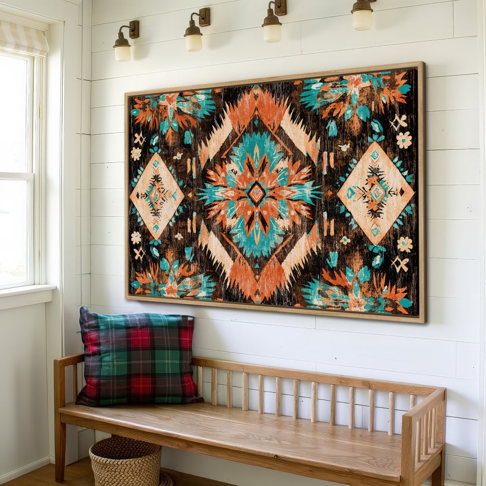 Framed Wall Art: Abstract tribal design in teal, orange, & black. Rustic canvas print adds a pop of color to any space. Shop now for unique wall decor!
