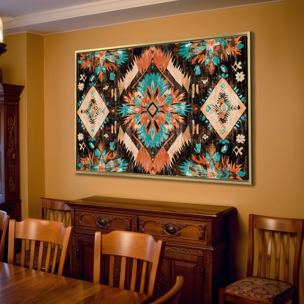 Canvas Print: Bohemian geometric art in turquoise, rust, and black. Elevate your space with this stylish wall decor!