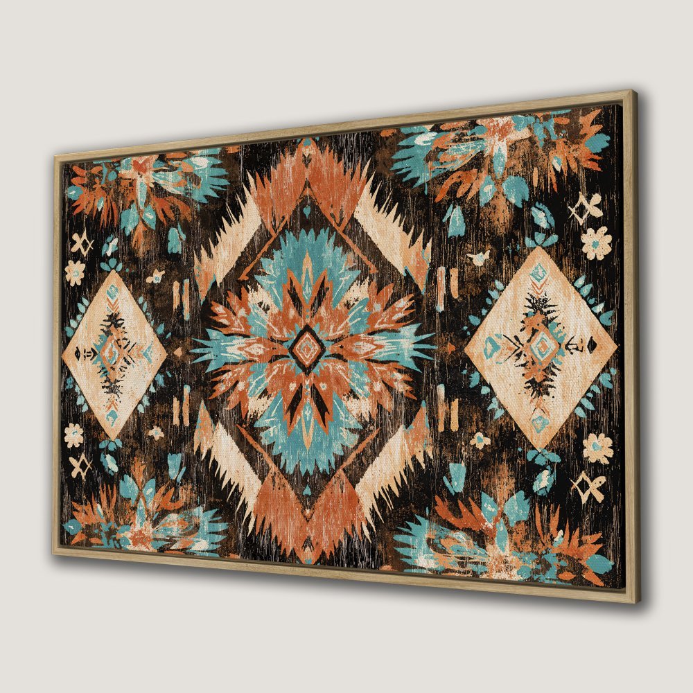 Framed Wall Art: Bohemian-style canvas print featuring a geometric pattern in teal, orange, and cream. Perfect for adding a touch of rustic charm.