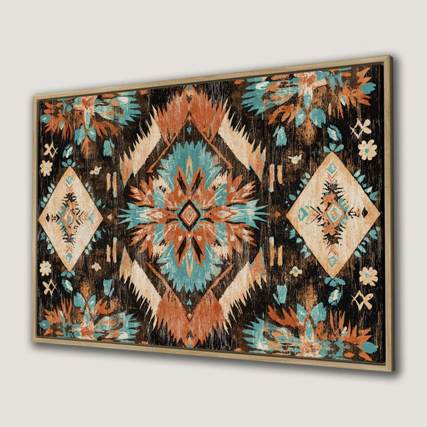 Framed Wall Art: Bohemian-style canvas print featuring a geometric pattern in teal, orange, and cream. Perfect for adding a touch of rustic charm.