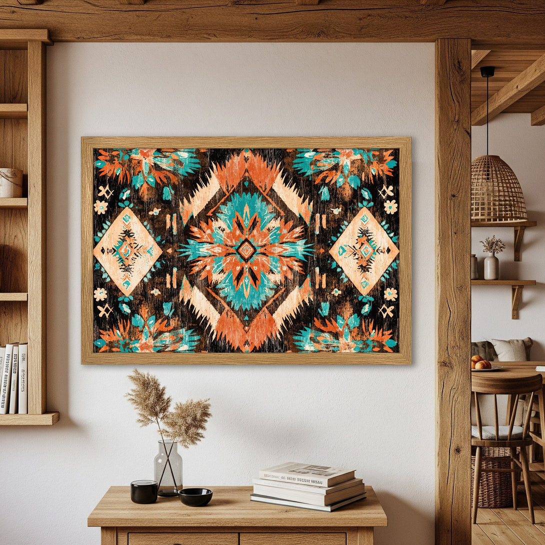 Framed Poster featuring an abstract tribal design in teal, orange, and black. Bohemian style art for your home decor.