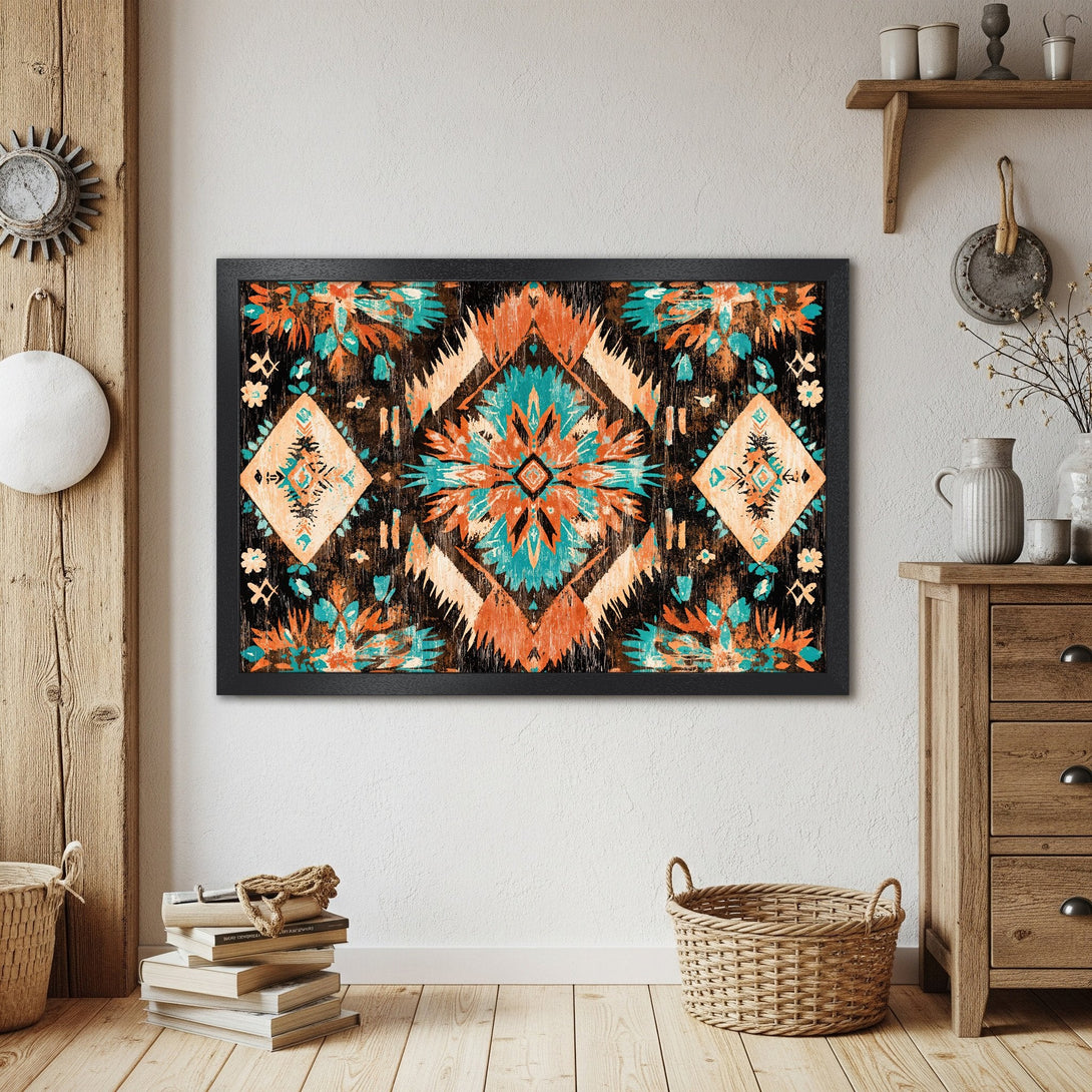 Framed Poster featuring a vibrant tribal design in teal, orange, and black. Perfect wall art for a boho-chic interior.