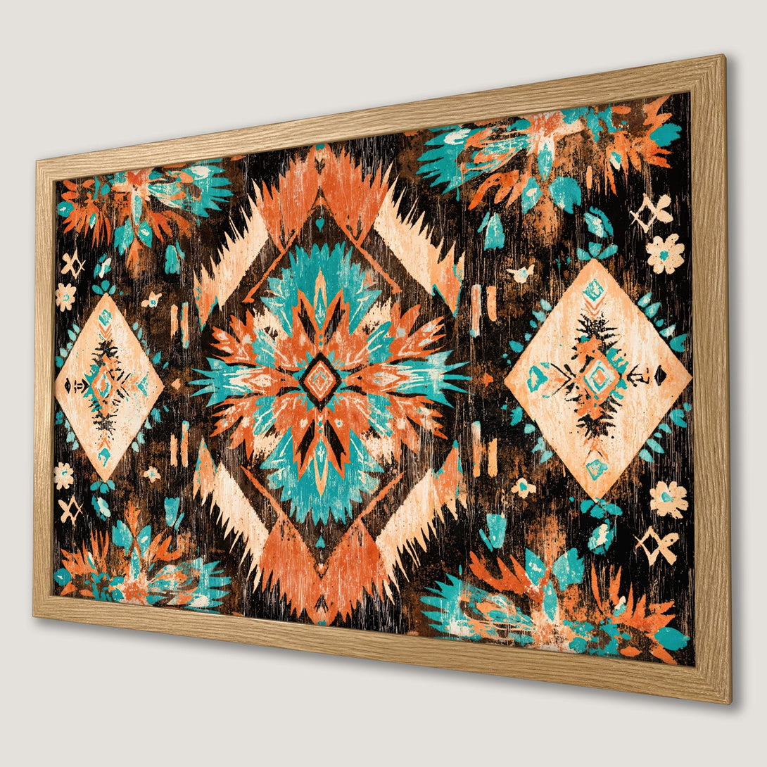 Framed Poster featuring an abstract tribal design in teal, orange, and beige on a black background. Perfect wall art!