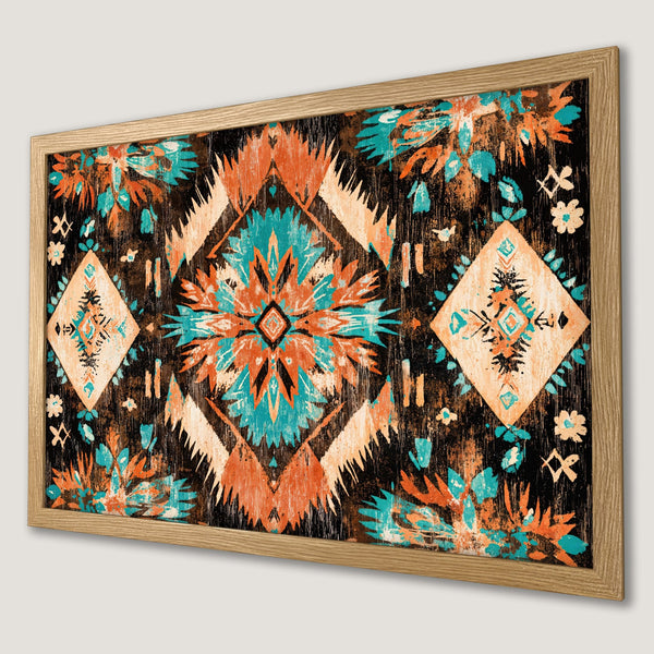 Framed Poster featuring an abstract tribal design in teal, orange, and beige on a black background. Perfect wall art!