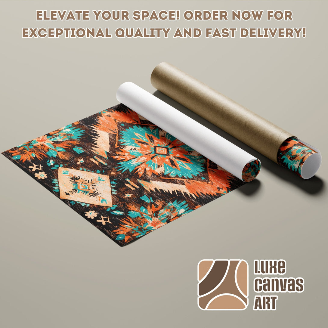 Poster Roll with tribal design in a vibrant teal and orange palette. Elevate your space with Luxe Canvas Art!