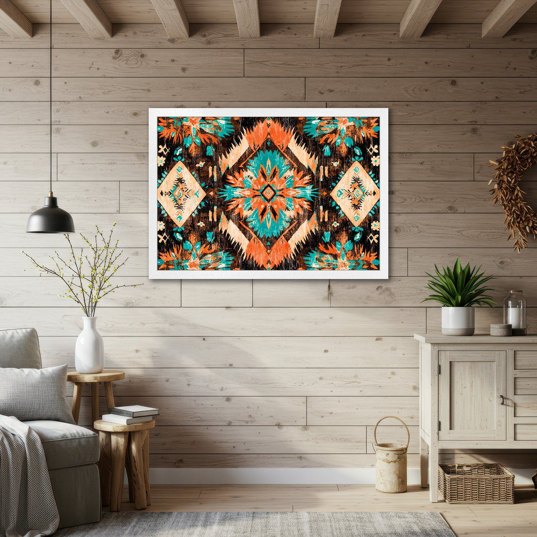 Framed Poster featuring a vibrant tribal art design in turquoise, orange, and black. Perfect wall art for a stylish home!