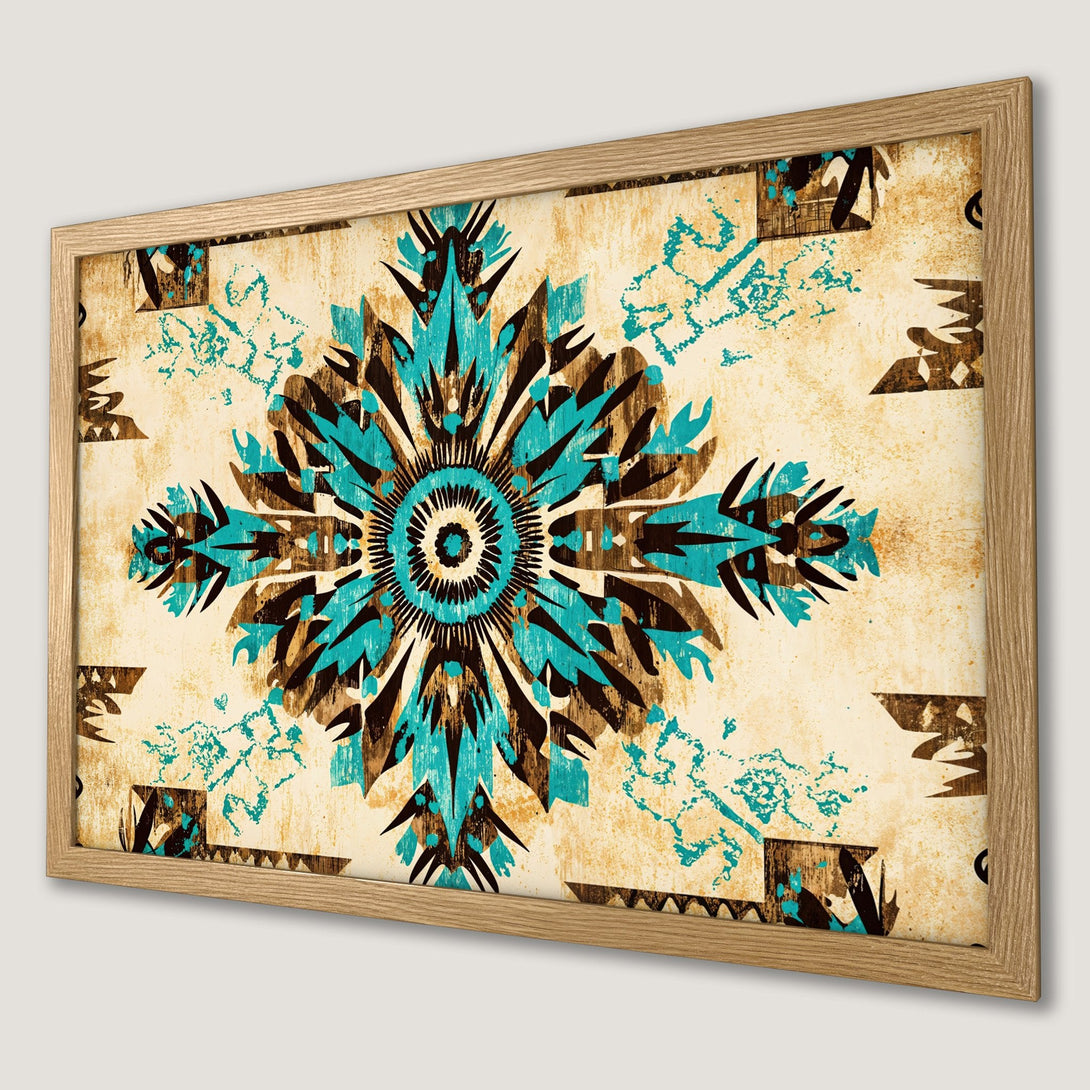 Framed Poster featuring a geometric tribal design in teal, brown, and beige. Perfect wall art for your home!