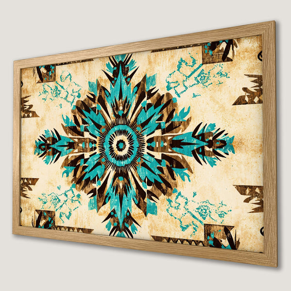 Framed Poster featuring a geometric tribal design in teal, brown, and beige. Perfect wall art for your home!