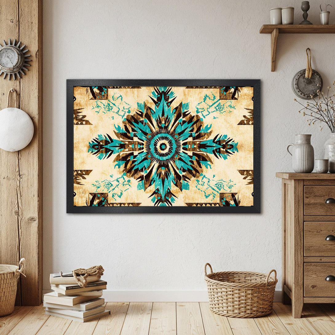Framed Poster featuring a turquoise and brown geometric design. Rustic style art print with a warm, earthy color palette.
