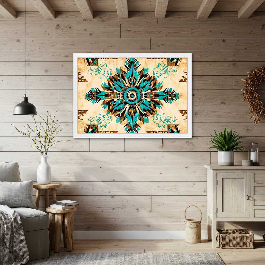 Framed Poster featuring a turquoise and brown abstract design, adding a touch of boho style to any space. Warm color palette.