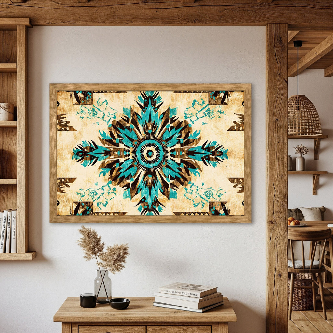 Framed Poster featuring a teal and brown tribal design on a beige background, perfect for adding a touch of bohemian style.