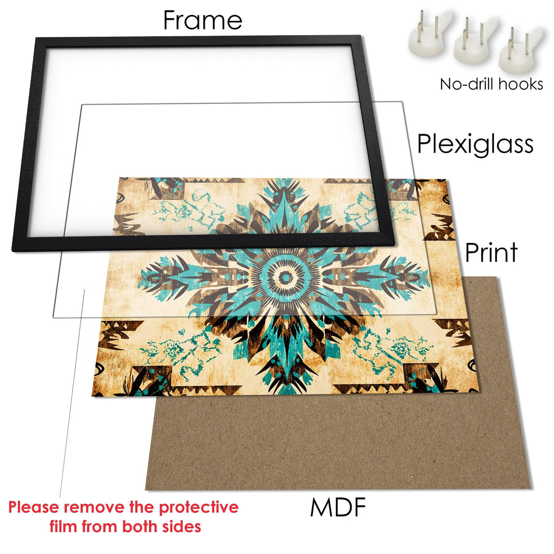 Framed Poster with tribal design in teal, brown, and beige. Perfect for adding art to your walls!