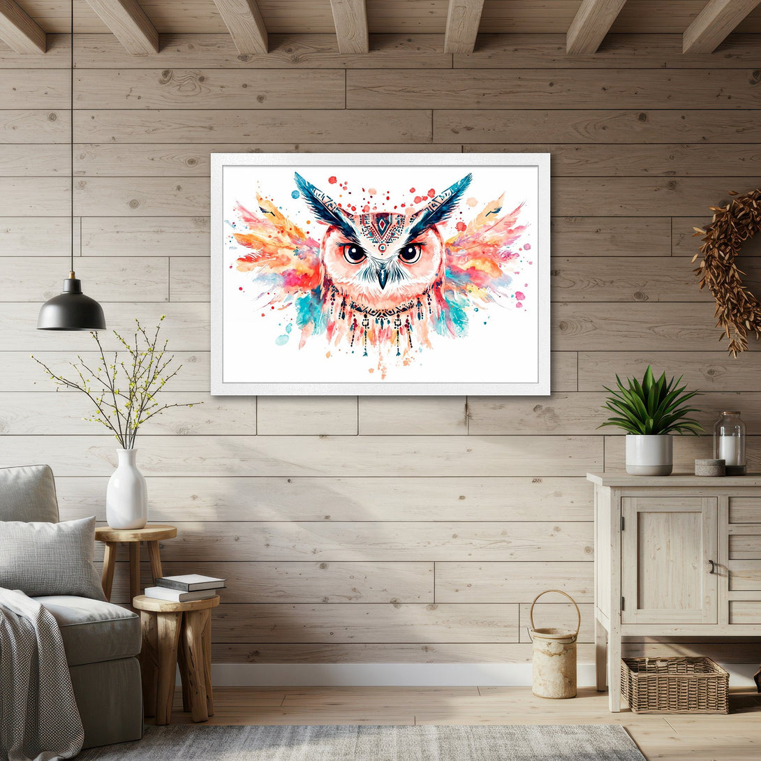 Framed Poster featuring a watercolor owl design with vibrant colors. Boho style art print for your home decor.
