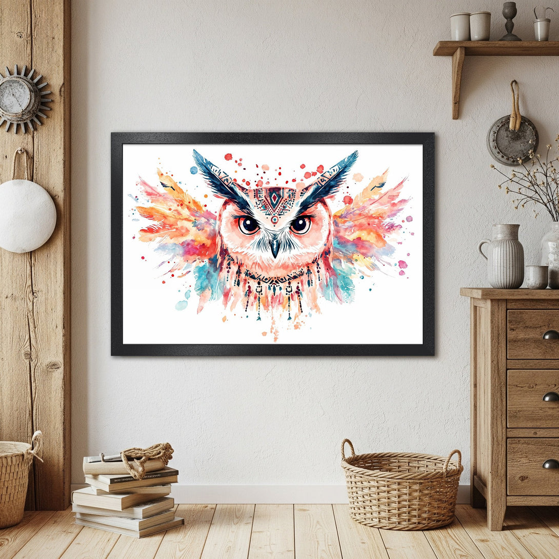 Framed Poster featuring a watercolor owl illustration in vibrant orange, blue, and pink hues. Perfect wall art for home decor.