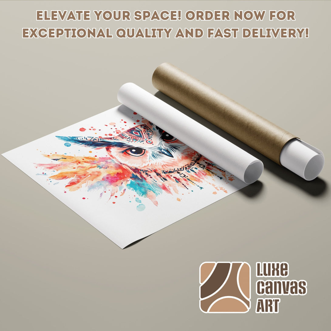 Watercolor owl poster roll art, vibrant colors, perfect for home decor. Order your poster today!