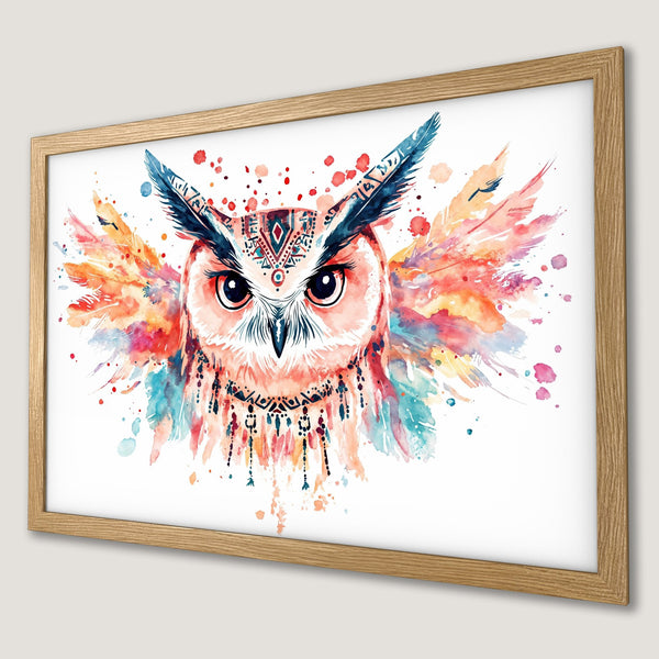 Framed Poster featuring a watercolor owl with a vibrant, colorful palette. Perfect wall art for any room!