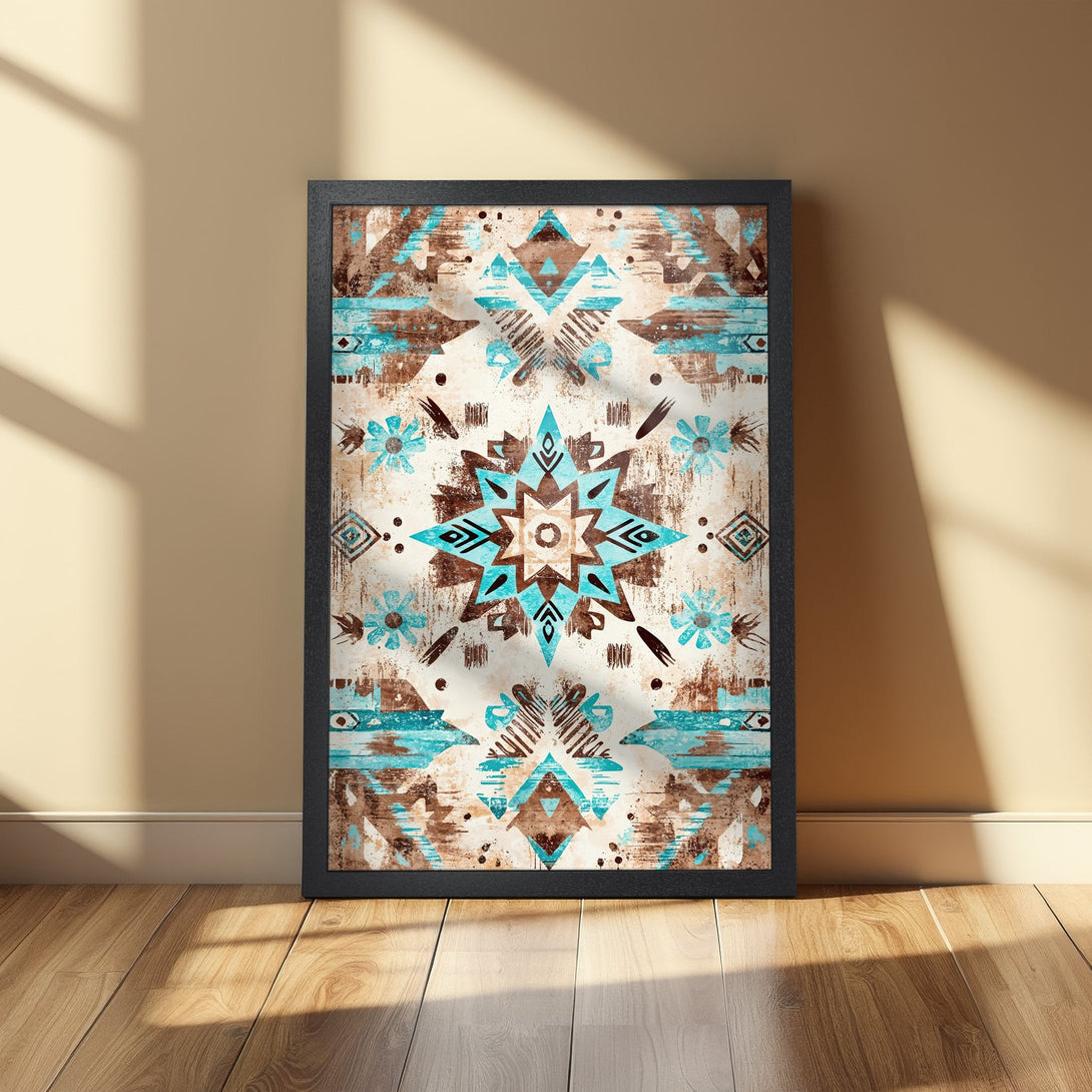 Framed Poster featuring a bohemian, geometric design in turquoise, brown, and cream. Perfect wall art for a stylish home.