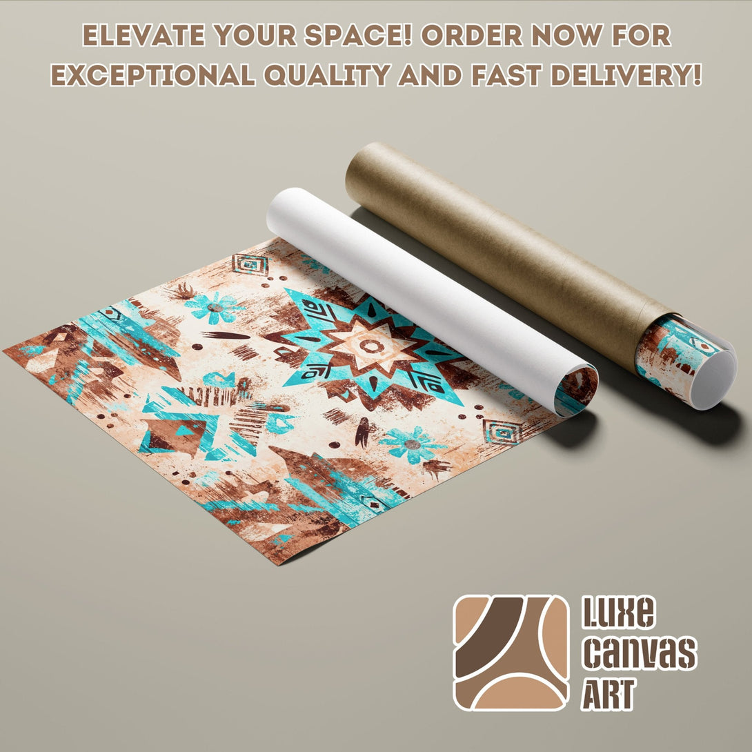 Poster Roll with tribal art design in turquoise and brown. Elevate your space with this unique poster!