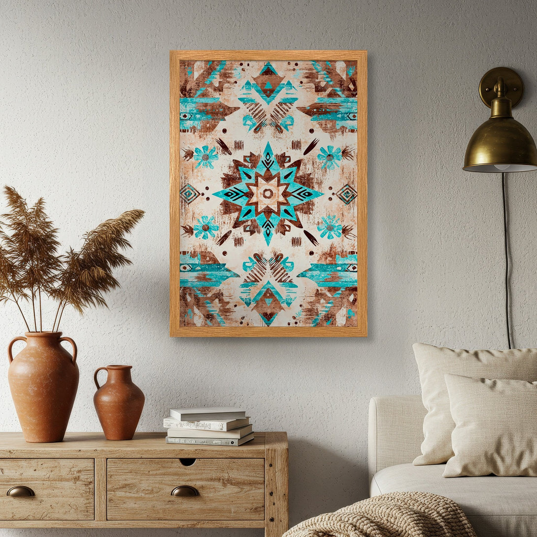 Framed Poster featuring a geometric tribal design in turquoise and brown tones. Perfect wall art for a boho-chic style.