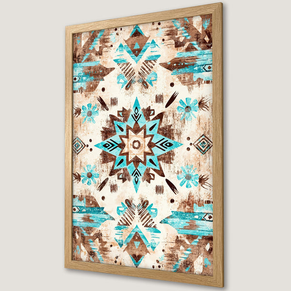 Framed Poster featuring an abstract geometric design in turquoise, brown, and cream. Rustic style art print for home decor.