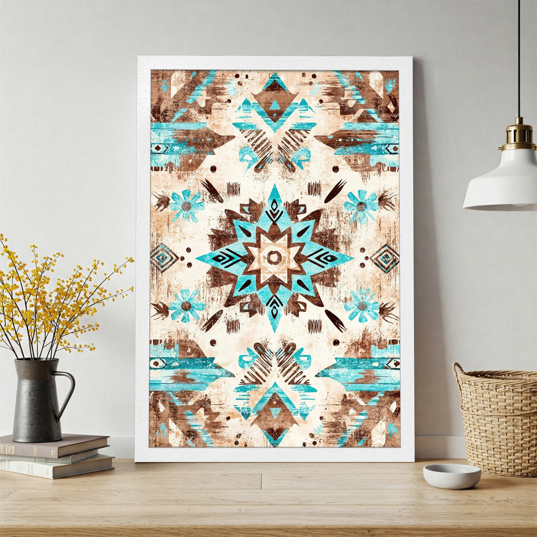 Framed Poster featuring an abstract geometric design in turquoise, brown, and cream. Perfect wall art for any space!