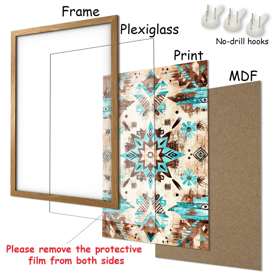 Framed Poster featuring an abstract design in turquoise and brown tones. Perfect art for your home decor.
