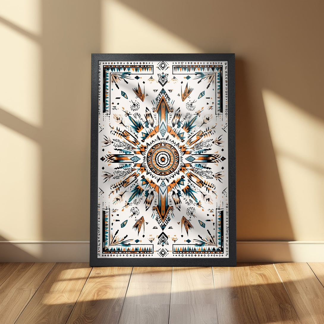 Framed Poster featuring a geometric tribal design in teal, orange, and black on white. Perfect wall art for your home!
