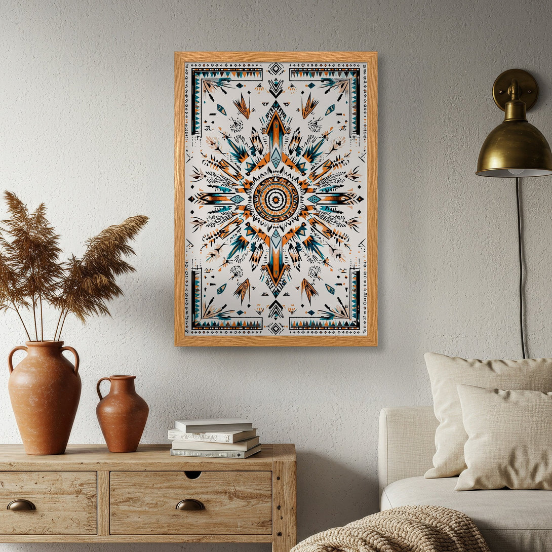 Framed Poster featuring an intricate geometric design in teal, orange, and black on a white background. Perfect wall art for a stylish home.