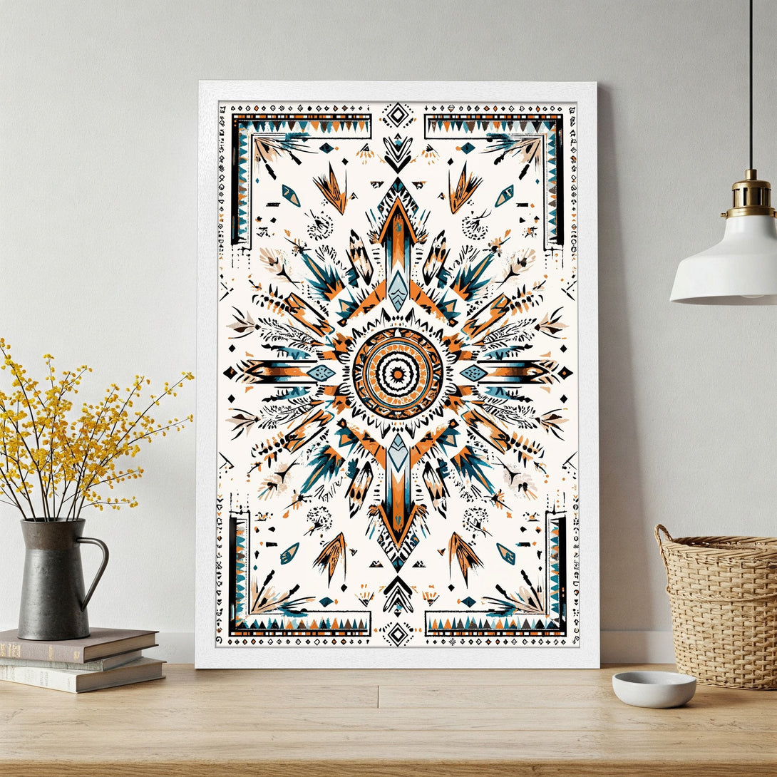 Framed Poster featuring a geometric tribal design in teal, orange, and black. Perfect wall art for modern decor.