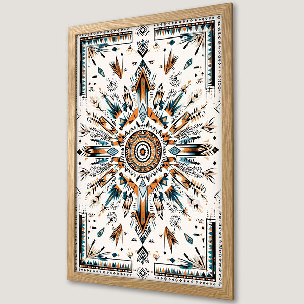 Framed Poster featuring a geometric tribal design in orange, teal, and black. Perfect wall art for boho decor.
