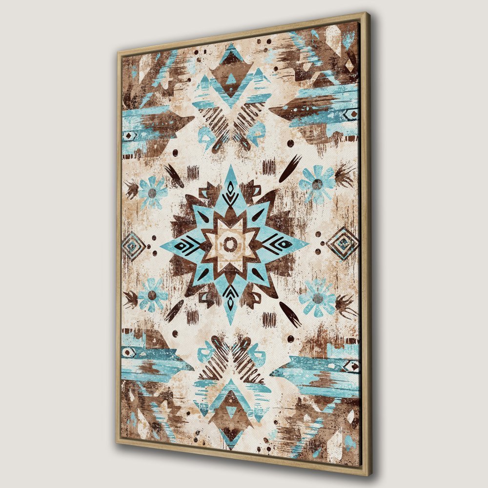 Framed Wall Art: Bohemian-style canvas print with geometric patterns, turquoise & brown color palette. Perfect for adding warmth to your home!