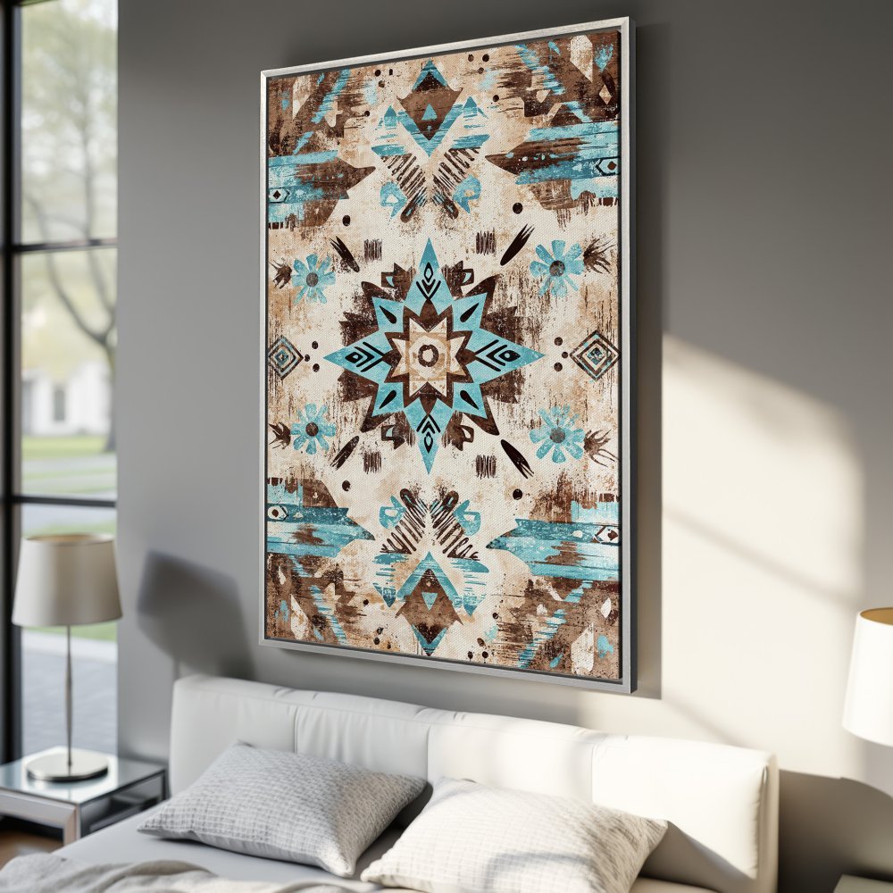 Framed Wall Art: Boho-style canvas print with a geometric design in turquoise, brown, and cream. Perfect for adding a touch of art to your bedroom!