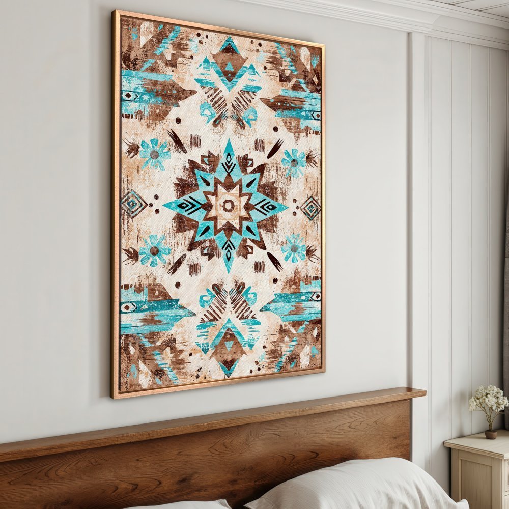 Framed Wall Art: Boho-style Canvas Print with turquoise and brown geometric design. Perfect for adding a touch of earthy elegance to your home decor.