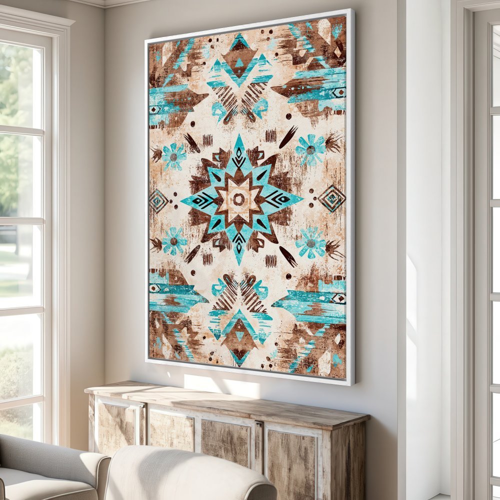 Framed Wall Art: Bohemian-style Canvas Print with a turquoise, brown, and cream color palette. Perfect for adding a touch of rustic charm to your space.