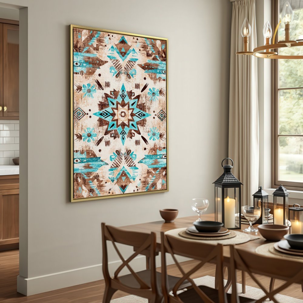 Canvas Print featuring a tribal geometric design in turquoise and brown, perfect for rustic decor.