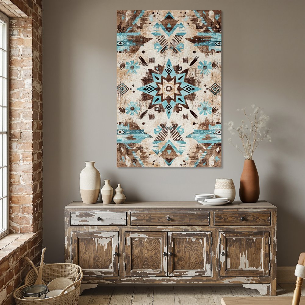 Framed Wall Art: Bohemian style canvas print with turquoise, brown, and cream colors. Perfect for adding a touch of rustic charm to your home decor.