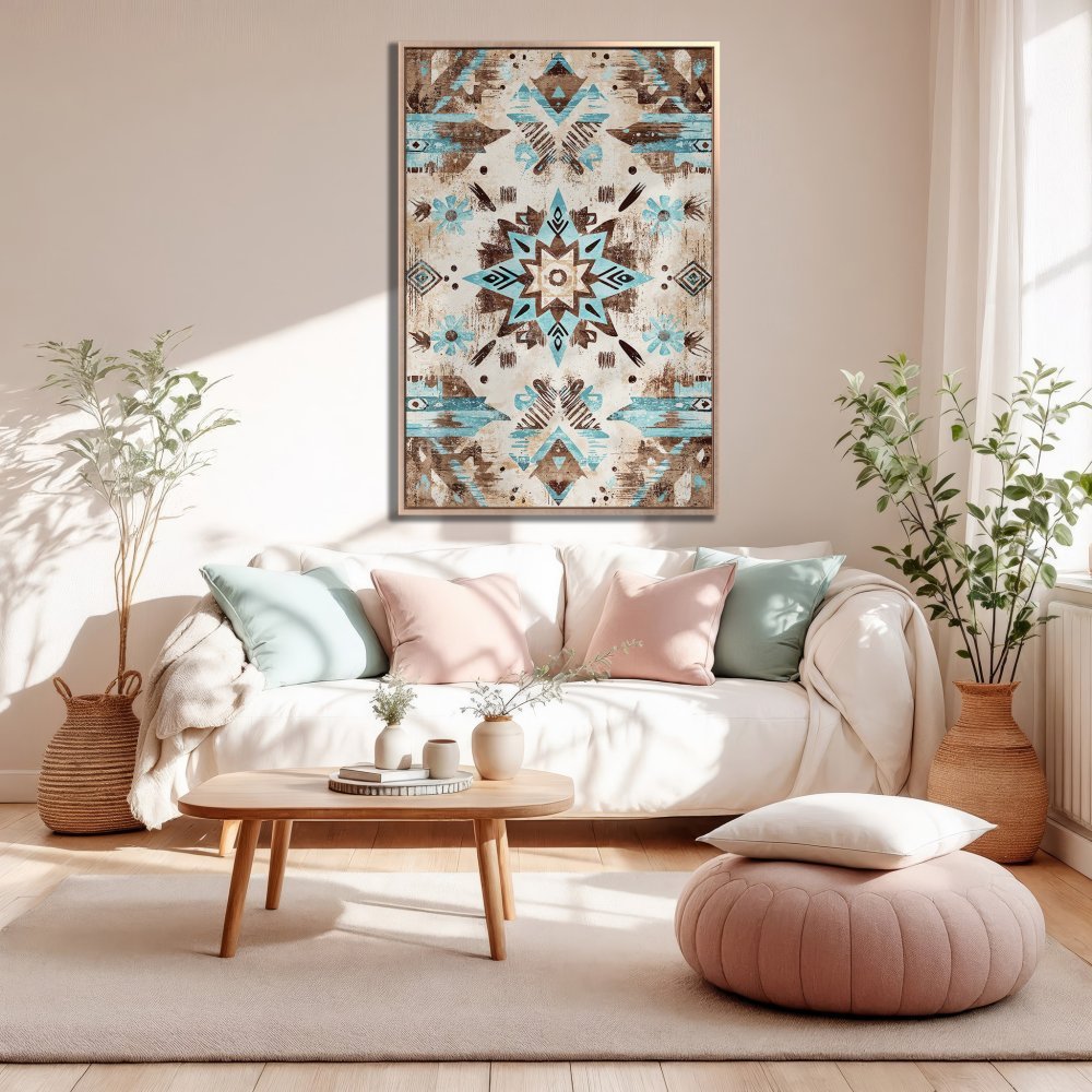Framed Wall Art: Bohemian-style Canvas Print in turquoise, brown, and cream. Perfect for adding a touch of style to your living room.