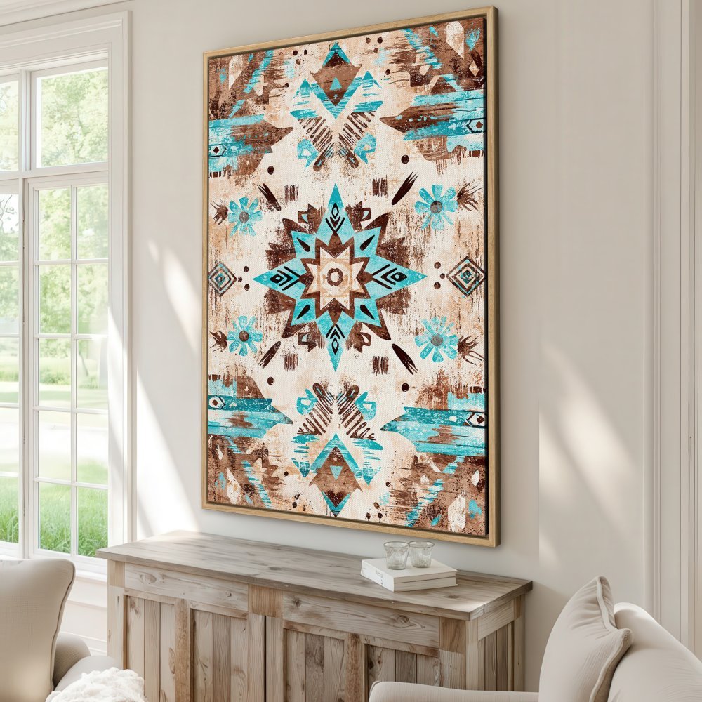 Framed Wall Art featuring a turquoise and brown geometric design. Rustic style Canvas Print adds warmth and character to any room.