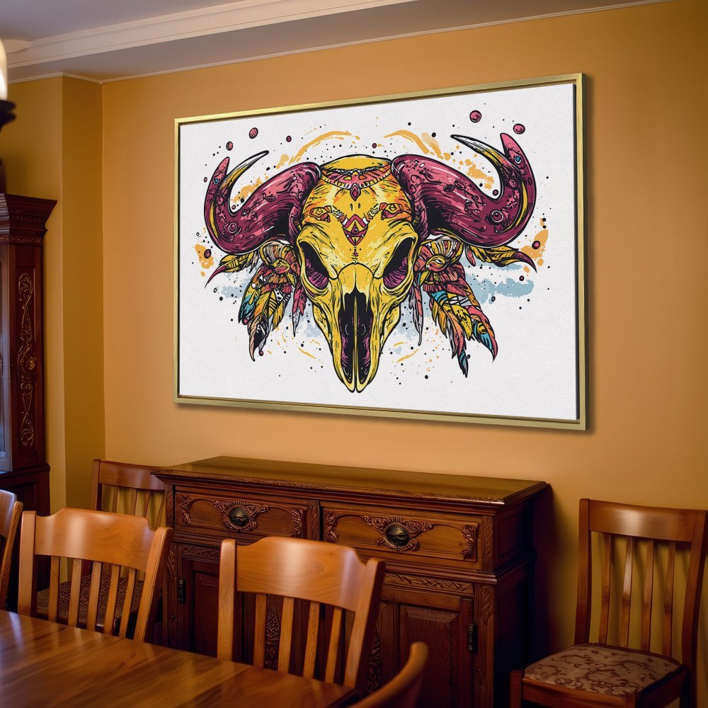 Canvas Print featuring a vibrant, boho-style bull skull in yellow, purple, and teal. Add a touch of unique art to your space!