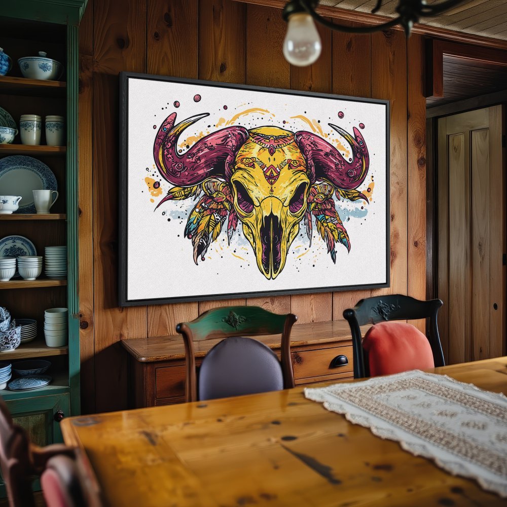 Framed Wall Art: Colorful tribal skull canvas print in a rustic dining room. Bold yellow, pink, and blue palette. Perfect home decor accent.