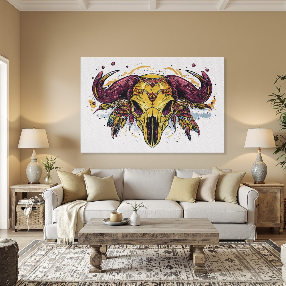 Framed Wall Art: Colorful buffalo skull art print. Boho style with yellow, pink, and teal accents. Elevate your home decor with this statement piece!