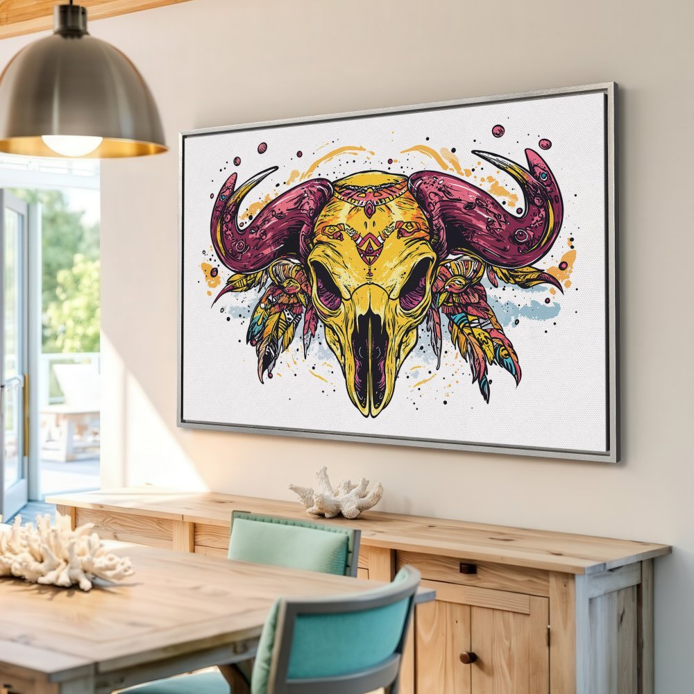 Framed Wall Art: Bold buffalo skull design with vibrant yellow, pink, and teal hues. Perfect statement piece for your home decor.