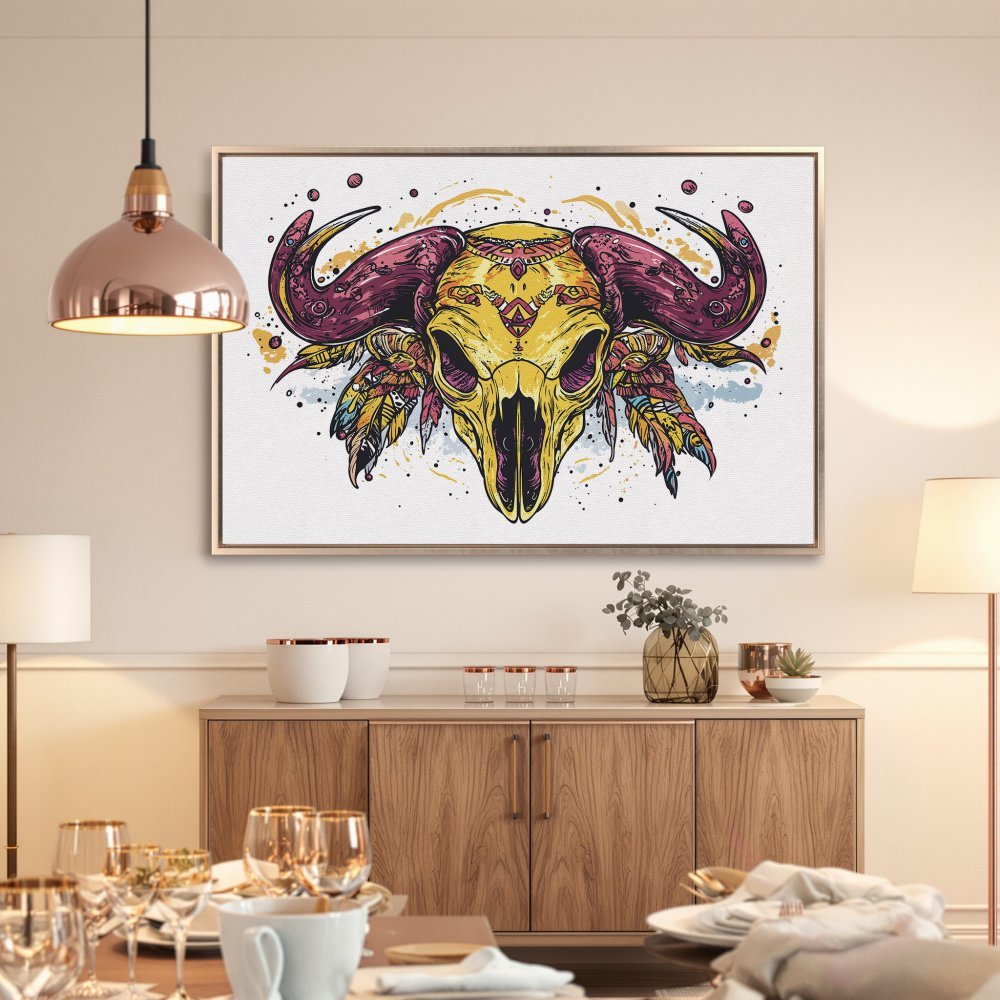 Framed Wall Art featuring a detailed, colorful buffalo skull. Boho style with vibrant yellow, purple, and teal hues. Perfect for adding character to your space!