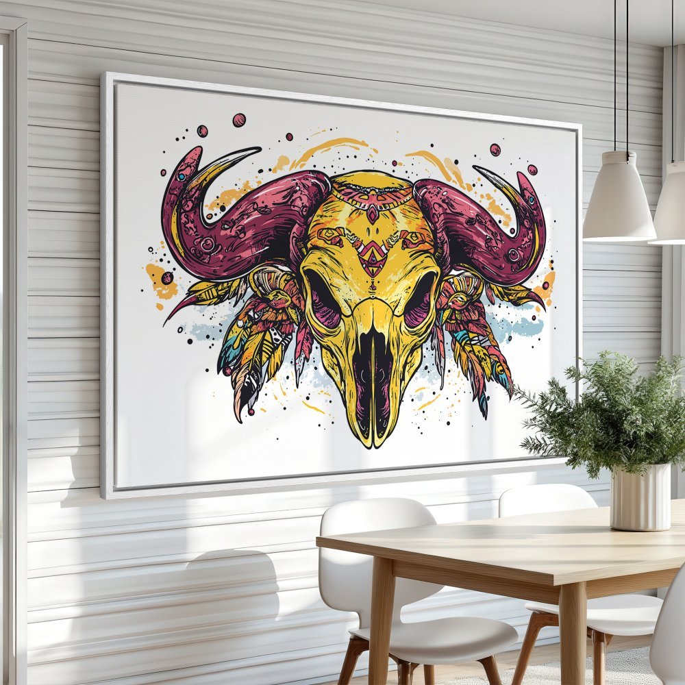Boho Canvas Print featuring a vibrant buffalo skull. Colorful art with yellow, pink, and teal accents. Perfect framed wall art for a modern home.