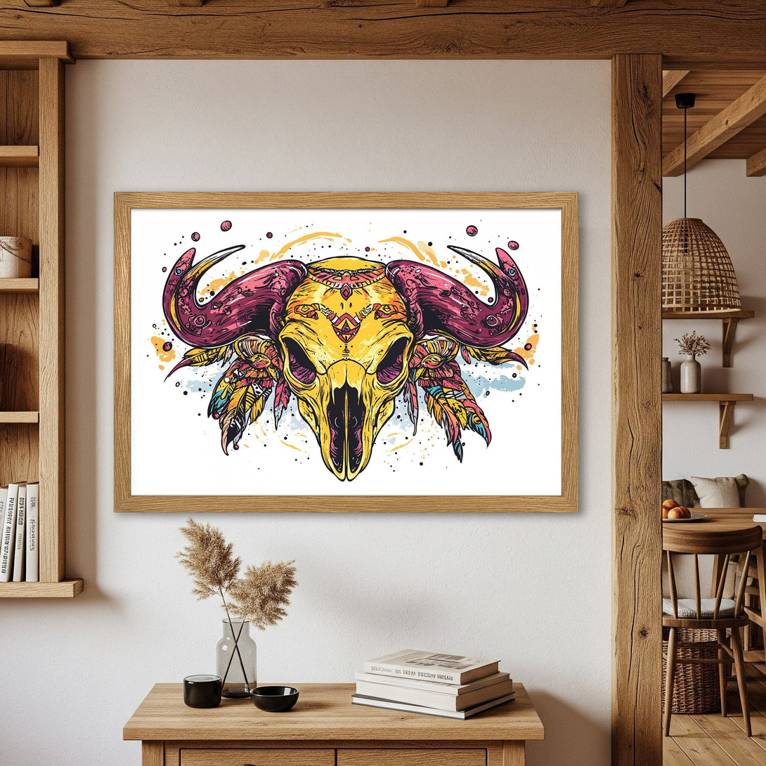 Framed Poster featuring a vibrant, colorful skull illustration. Bold art in a boho style with a yellow, purple, and orange color palette. Perfect wall decor!