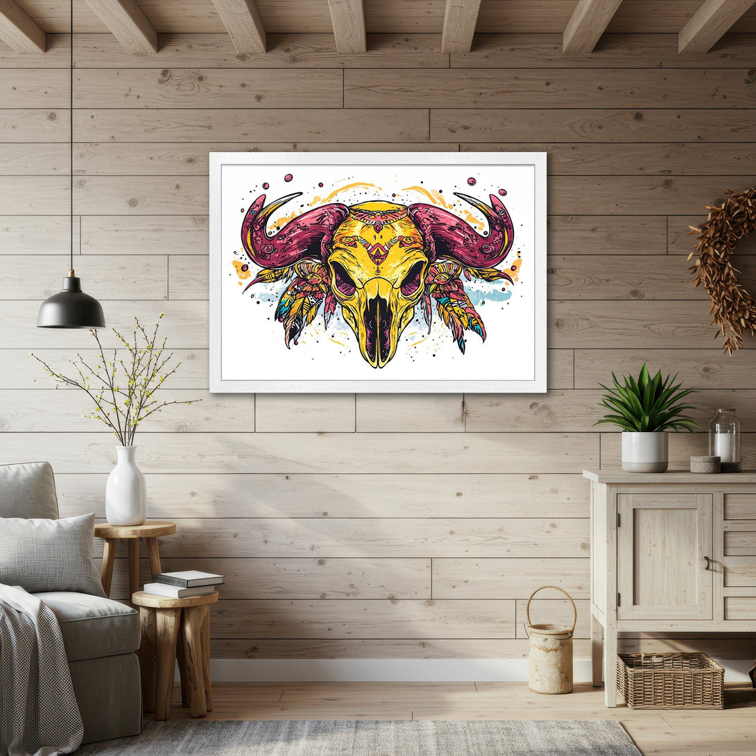 Framed Poster featuring a vibrant, illustrated bull skull. Bold colors and a modern, boho style. Perfect wall art!