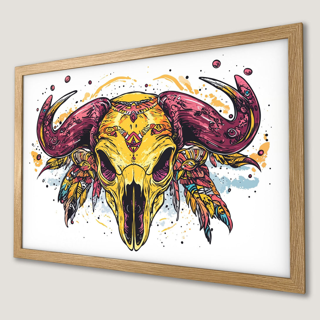 Framed Poster featuring a vibrant buffalo skull illustration in a colorful, artistic style. Perfect wall art!