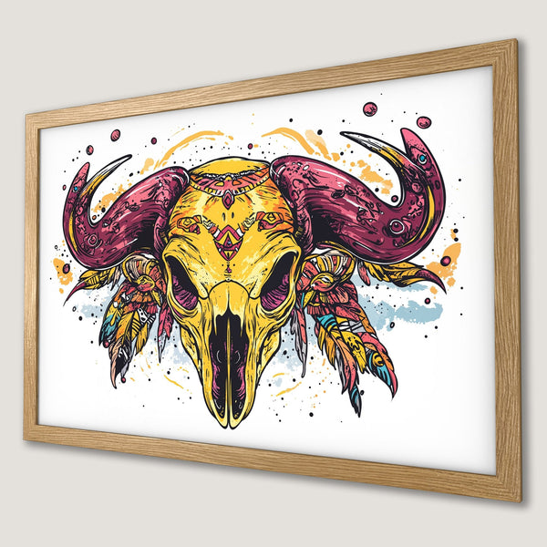 Framed Poster featuring a vibrant buffalo skull illustration in a colorful, artistic style. Perfect wall art!