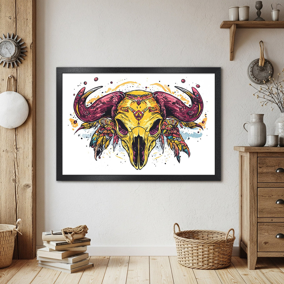 Framed Poster featuring a vibrant, stylized bull skull in yellow, pink, and blue. Perfect wall art for a bold statement.